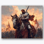 Paint by numbers design of knight, war horse, shining armor, war horse