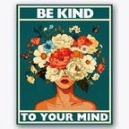 Paint by numbers design of woman, flowers, woman with floral head, bold motivational text