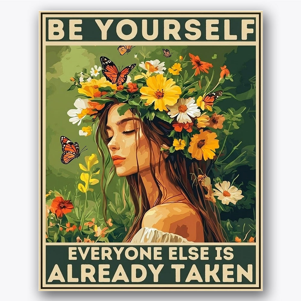 Paint by numbers design of woman, floral crown, vivid floral crown, fluttering butterflies