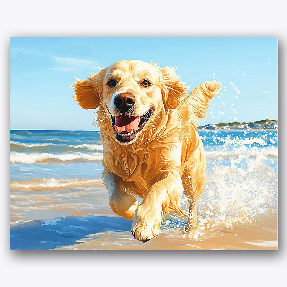 Paint by numbers design of golden retriever, waves, golden fur movement, crashing waves