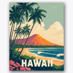 Paint by numbers design of palm trees, distant mountain, tall palm trees, distant mountain