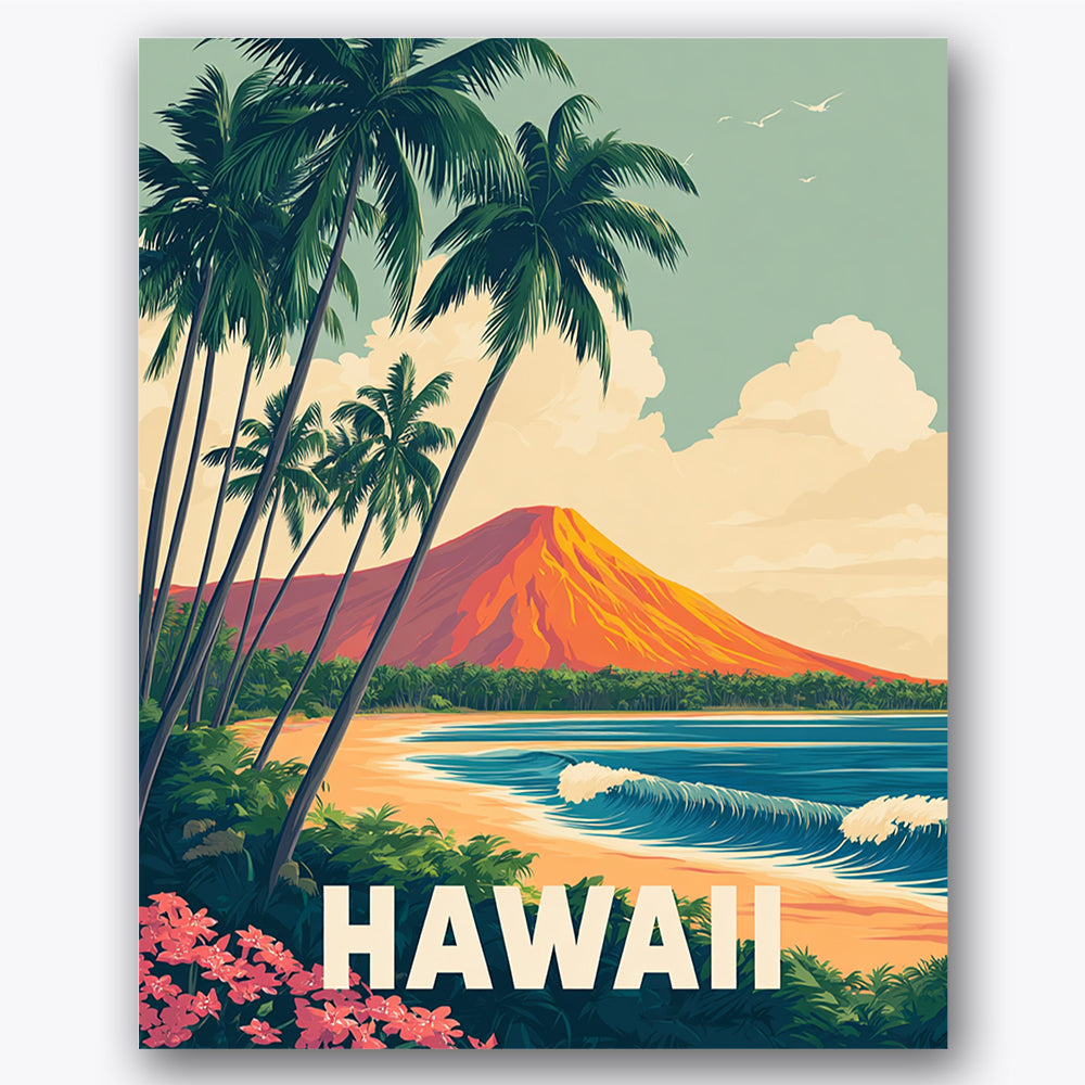 Paint by numbers design of palm trees, distant mountain, tall palm trees, distant mountain