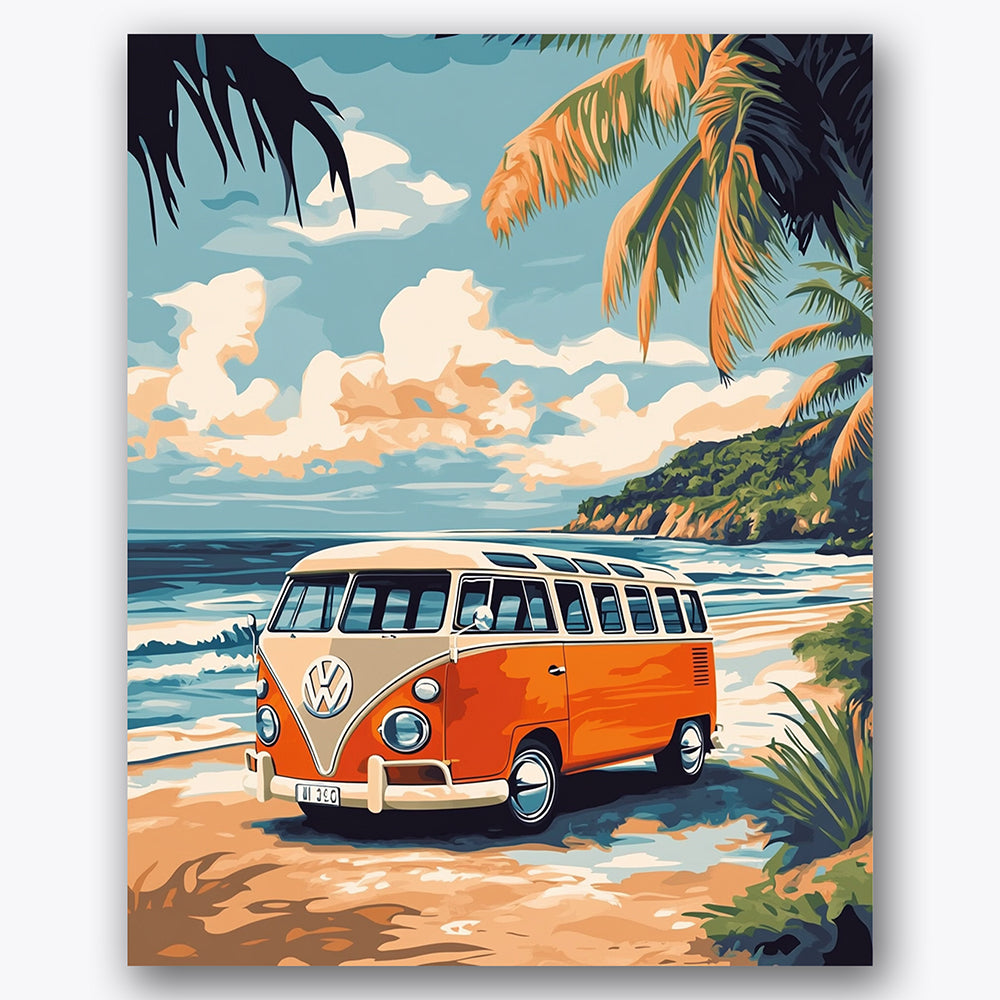 Paint by numbers design of vintage van, palm trees, orange and cream van, sandy beach