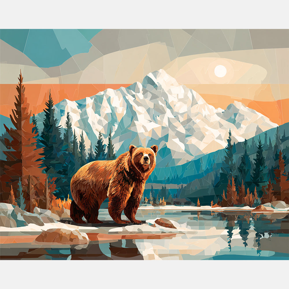 Bear By Snowy Peaks Paint by Numbers Kit design preview showing the full artwork layout before painting