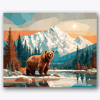 Paint by numbers design of bear, mountains, snow-capped mountains, reflective lake
