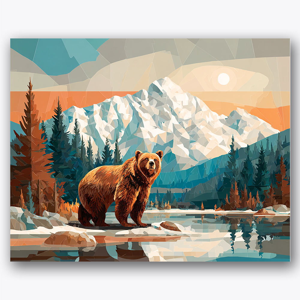 Paint by numbers design of bear, mountains, snow-capped mountains, reflective lake