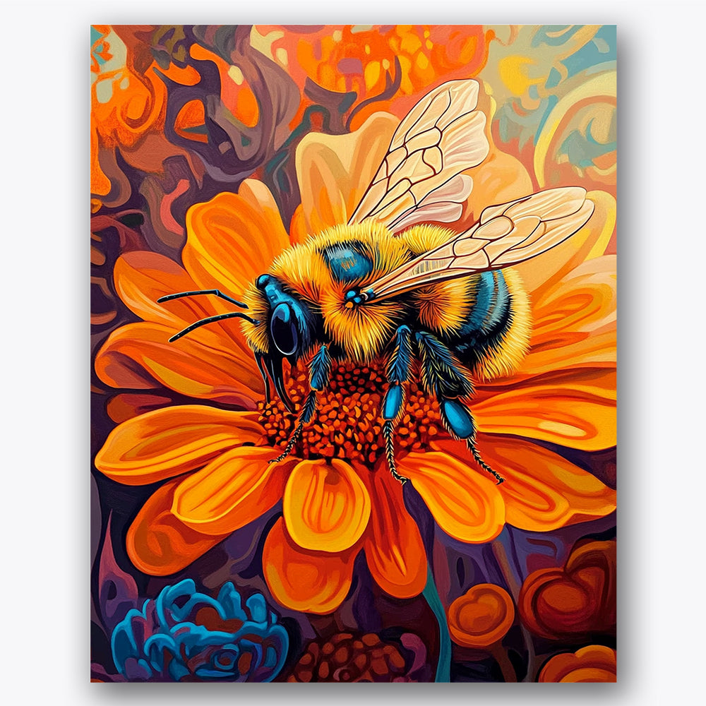 Paint by numbers design of bee, orange flower, vibrant orange petals, intricate bee wings