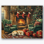 Paint by numbers design of fireplace, dog, lit fireplace, decorated Christmas tree