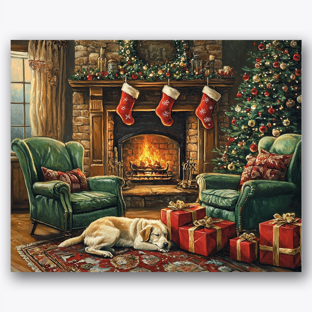 Paint by numbers design of fireplace, dog, lit fireplace, decorated Christmas tree