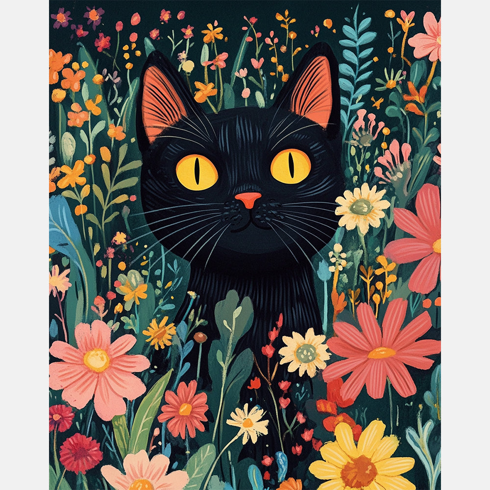 Black Cat Reverie Paint by Numbers Kit design preview showing the full artwork layout before painting