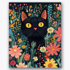 Paint by numbers design of black cat, wildflowers, vibrant wildflowers, yellow cat eyes