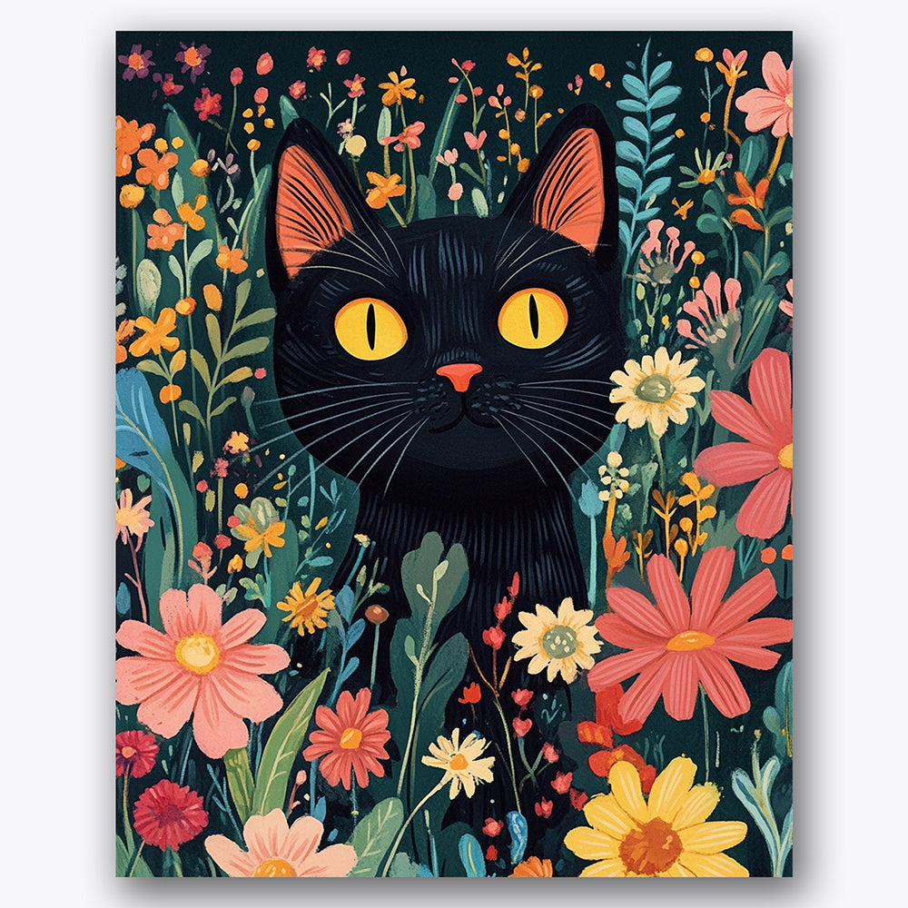 Paint by numbers design of black cat, wildflowers, vibrant wildflowers, yellow cat eyes