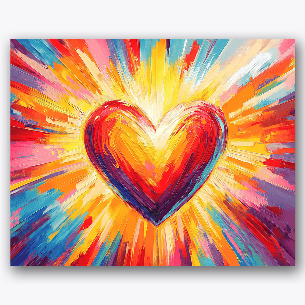 Paint by numbers design of heart, radiant colors, radiant heart shape, colorful light rays