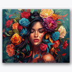 Paint by numbers design of woman, flowers, vibrant flower crown, closed eyes