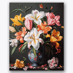 Paint by numbers design of floral arrangement, vase, colorful flowers, ornate vase