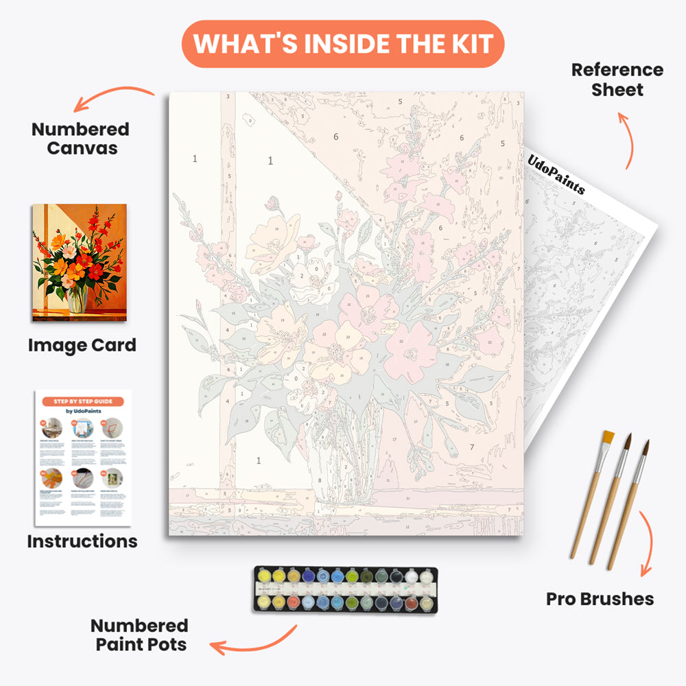 Blooming Warmth Paint by Numbers Kit – includes numbered canvas, paint pots, brushes, and instructions