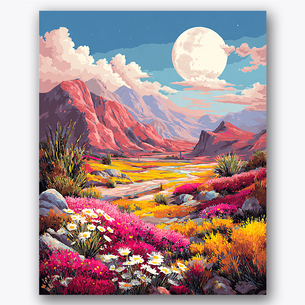 Paint by numbers design of wildflowers, moonlit landscape, large glowing moon, vibrant wildflowers
