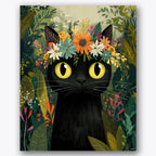 Paint by numbers design of cat, floral crown, vivid yellow eyes, lush green leaves