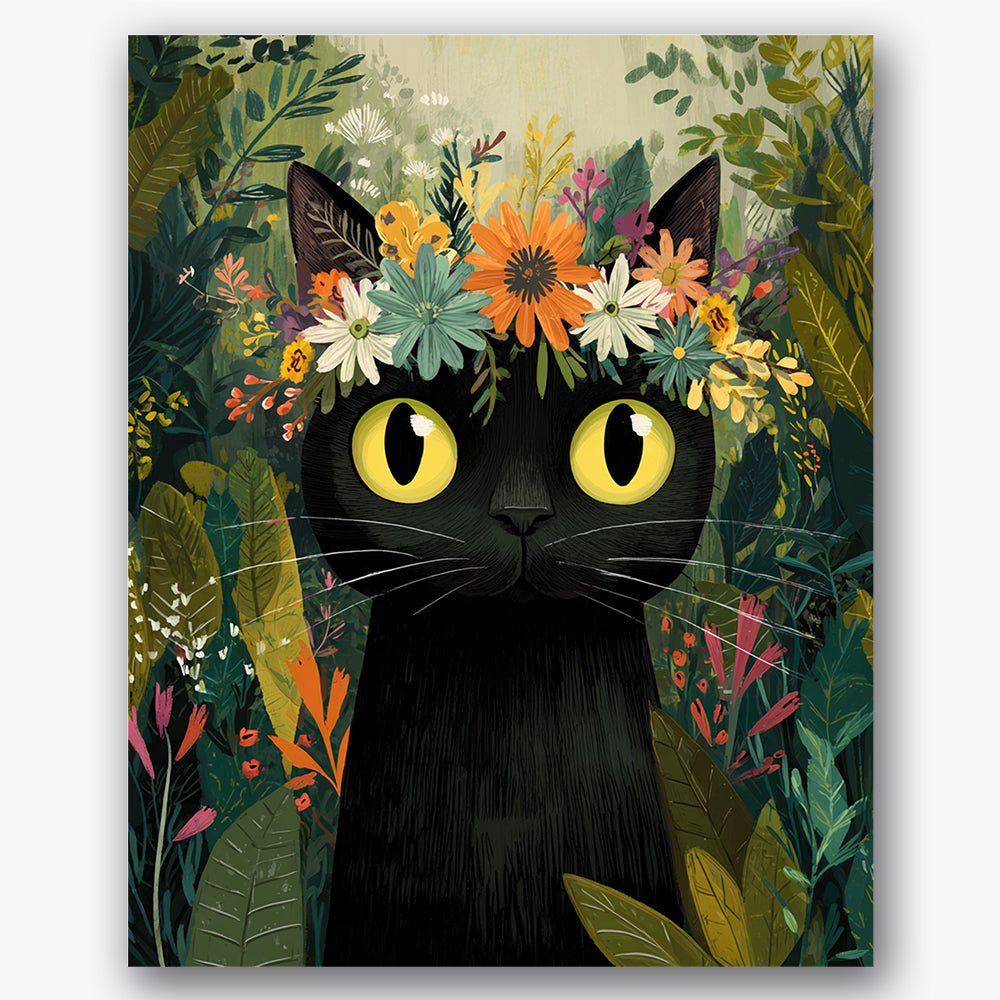 Paint by numbers design of cat, floral crown, vivid yellow eyes, lush green leaves