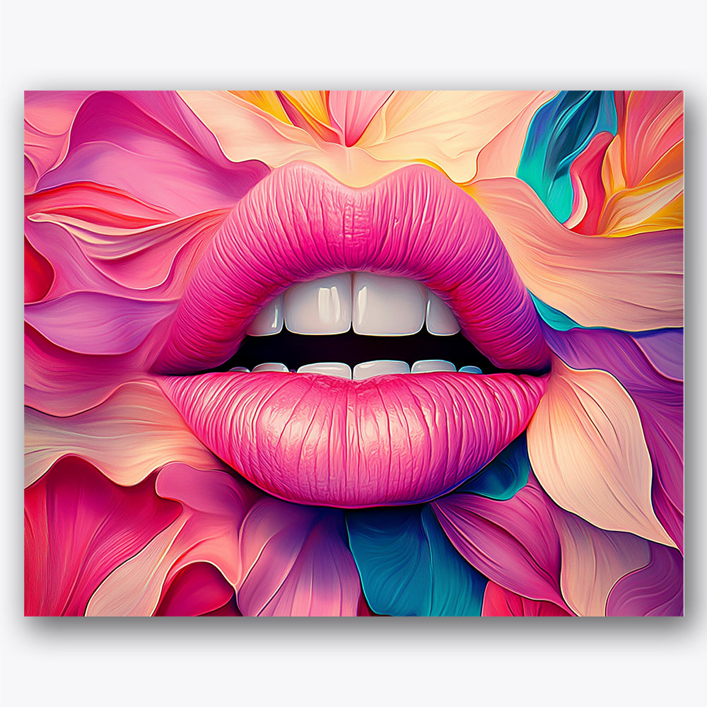 Paint by numbers design of pink lips, colorful petals, vibrant pink lips, swirling petals