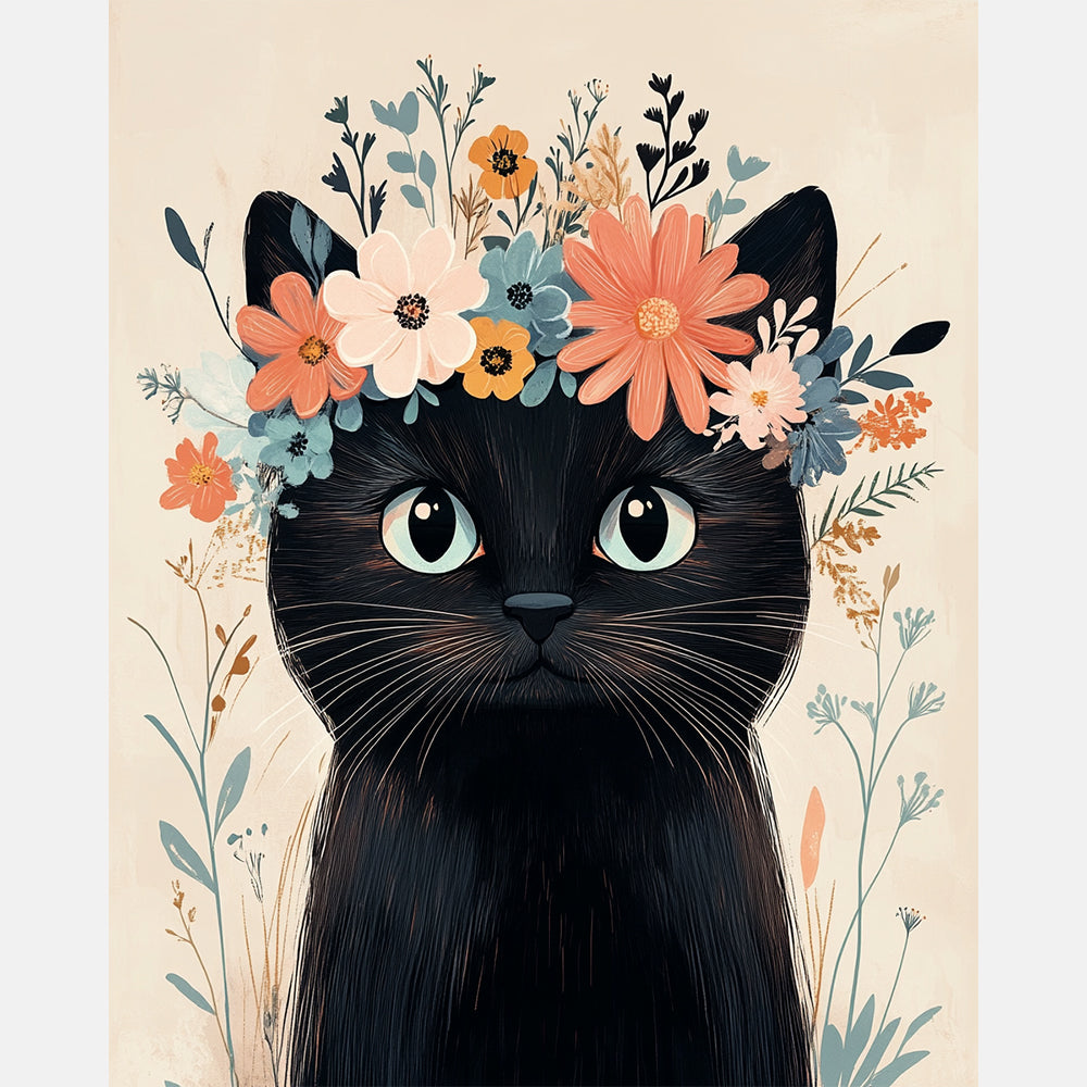 Blossom Topped Cat Paint by Numbers Kit design preview showing the full artwork layout before painting