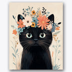 Paint by numbers design of black cat, flower crown, bright flower crown, wide cat eyes