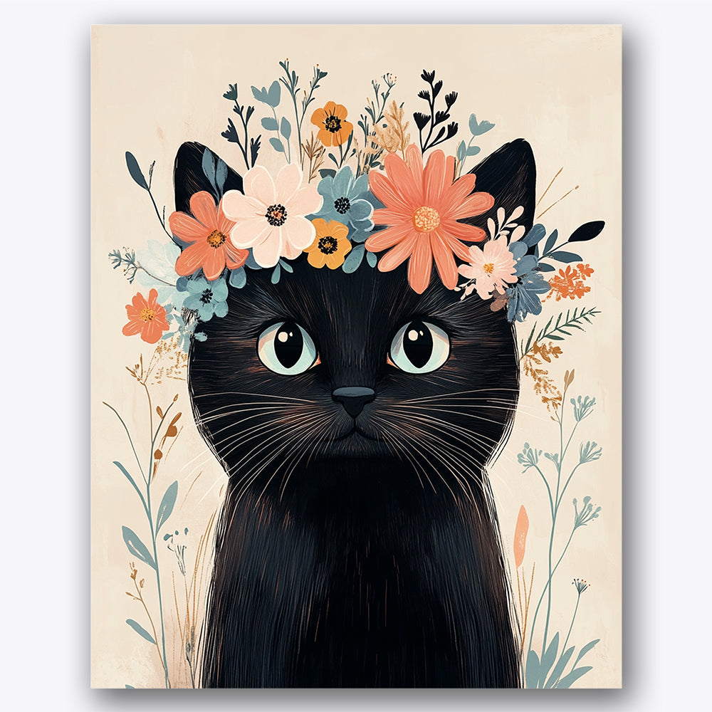 Paint by numbers design of black cat, flower crown, bright flower crown, wide cat eyes