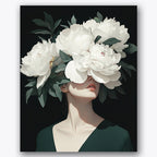 Paint by numbers design of woman, white flowers, white peony flowers, dark background