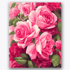 Paint by numbers design of roses, green leaves, vibrant pink roses, lush green leaves