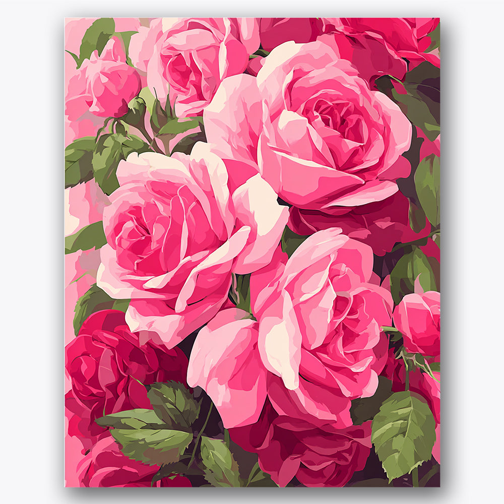 Paint by numbers design of roses, green leaves, vibrant pink roses, lush green leaves
