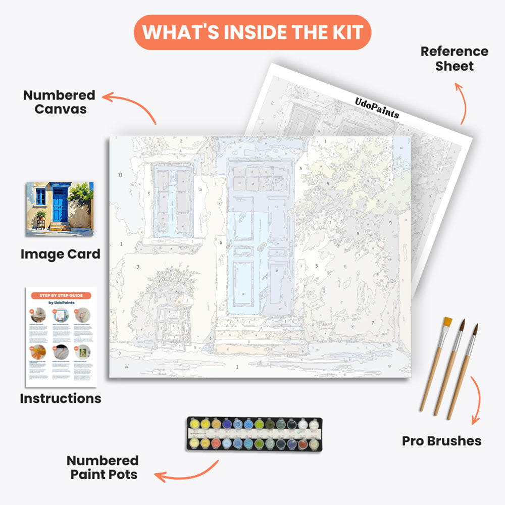 Blue Door Charm Paint by Numbers Kit – includes numbered canvas, paint pots, brushes, and instructions