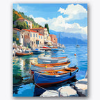 Paint by numbers design of boats, seaside village, brightly colored boats, blue water reflection