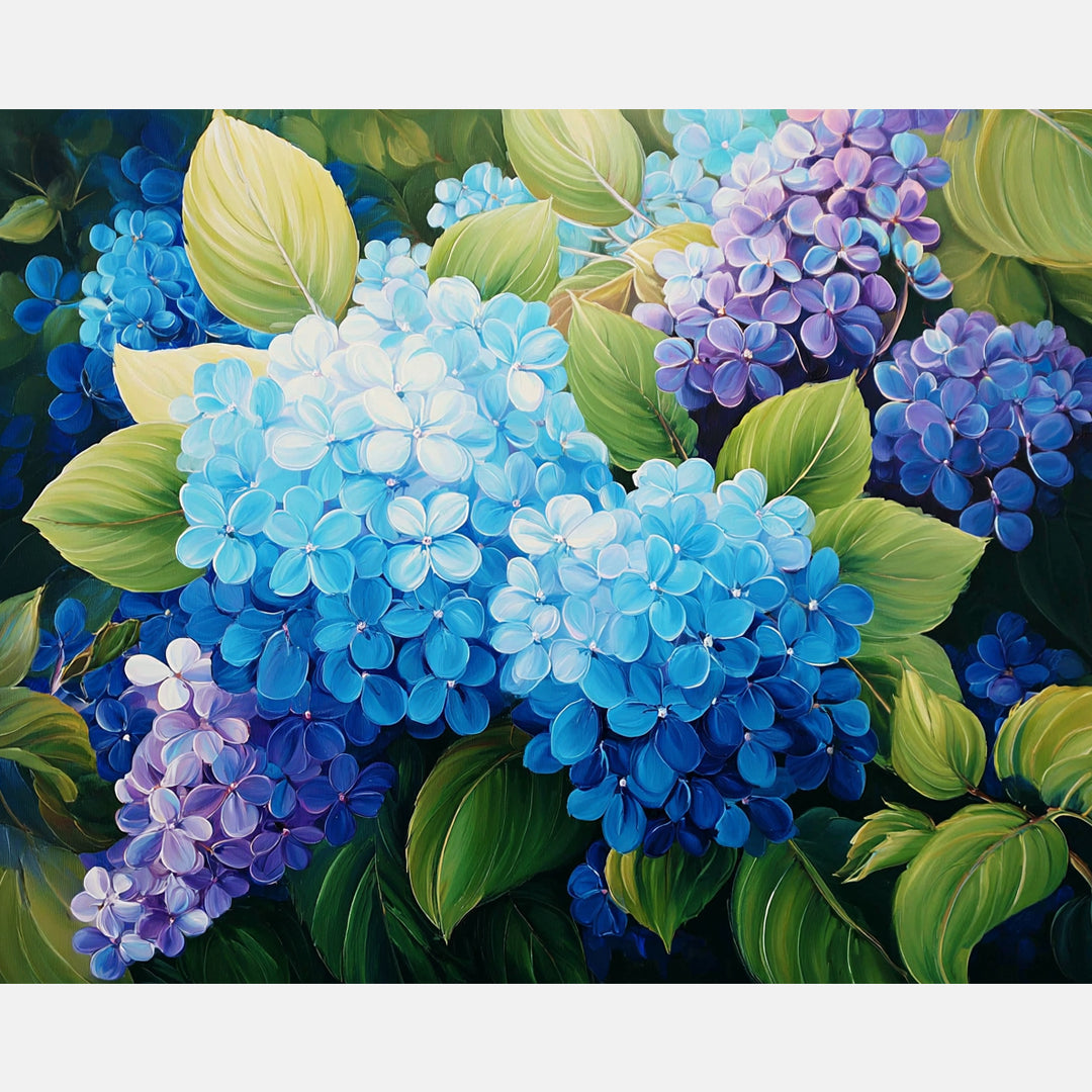 Blue Hydrangea Blooms Paint by Numbers Kit design preview showing the full artwork layout before painting