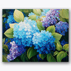 Paint by numbers design of hydrangeas, green leaves, vibrant blue petals, purple flower clusters