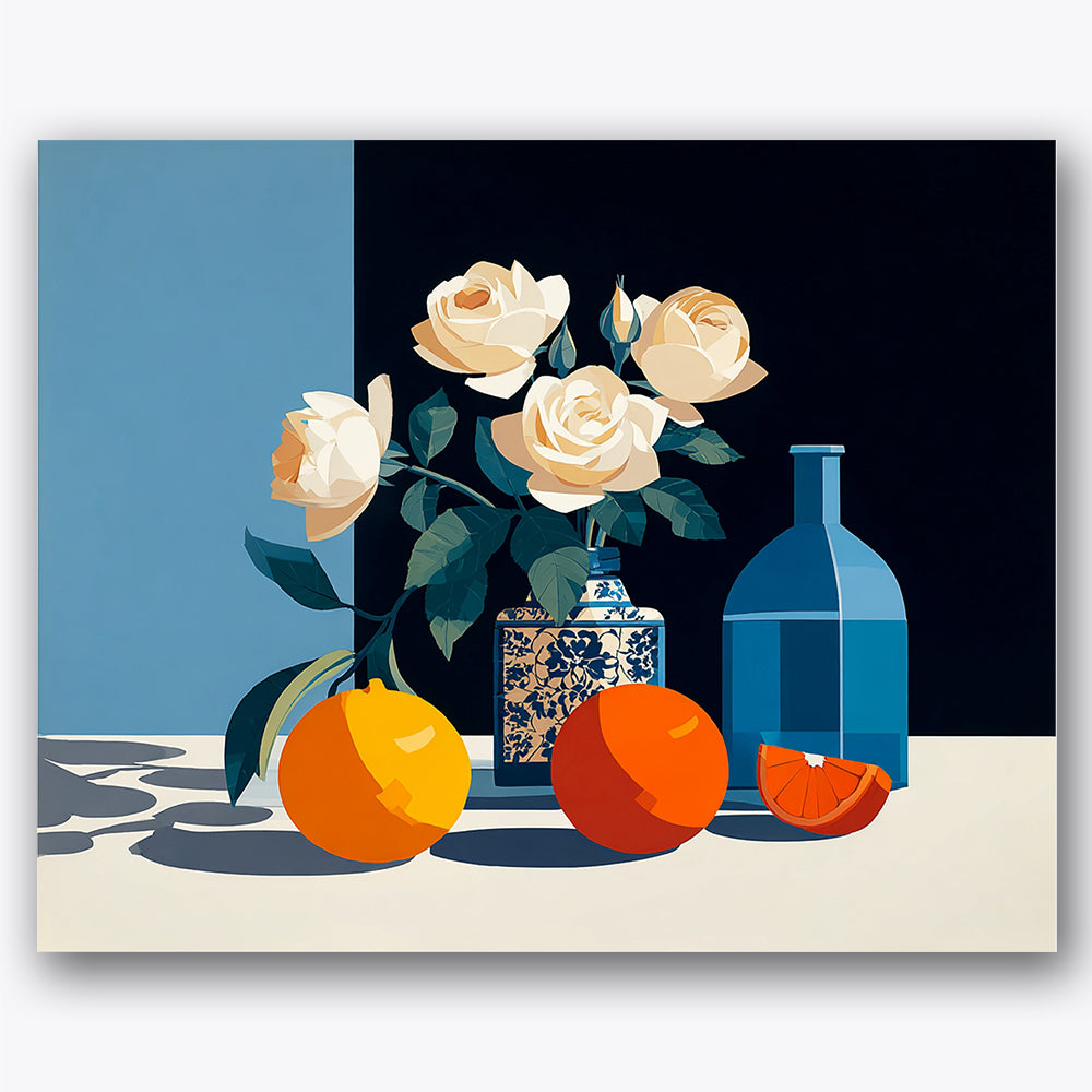 Paint by numbers design of vase, oranges and roses, blue ceramic vase, white roses in bloom