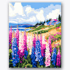 Paint by numbers design of wildflowers, coastal house, vibrant lupines, coastal house