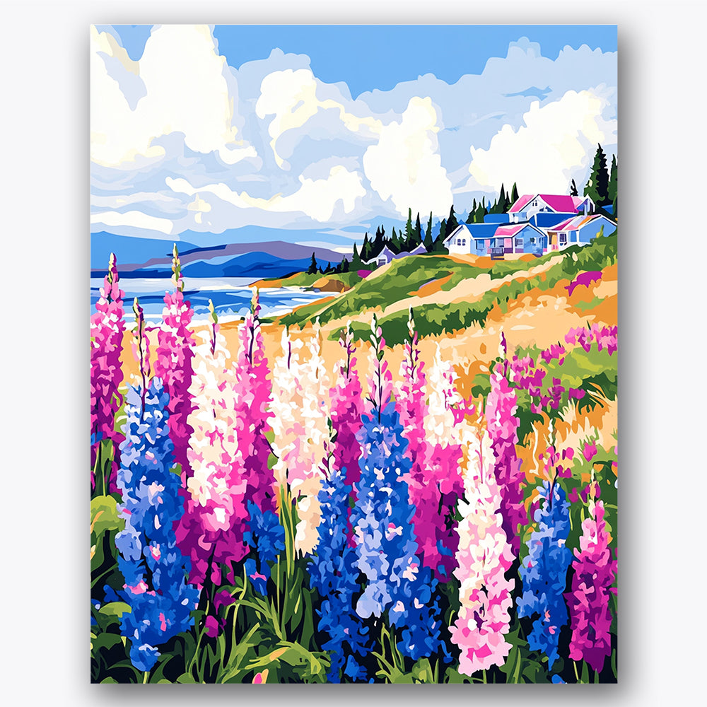 Paint by numbers design of wildflowers, coastal house, vibrant lupines, coastal house