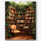 Paint by numbers design of library, vines, wooden chair, shelf of books, A cozy reading nook with a wooden chair and table