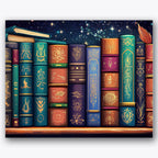 Paint by numbers design of books, starry sky, intricate gold designs, colorful book spines