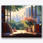 Paint by numbers design of open book, city skyline, city skyline backdrop, vase of colorful flowers