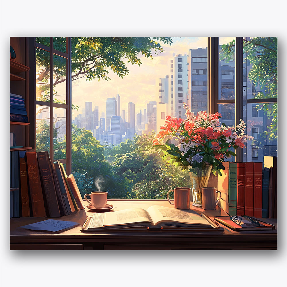 Paint by numbers design of open book, city skyline, city skyline backdrop, vase of colorful flowers