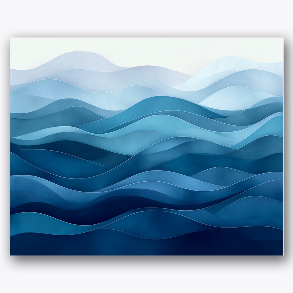 Paint by numbers design of ocean waves, layered wave patterns, varied blue shades
