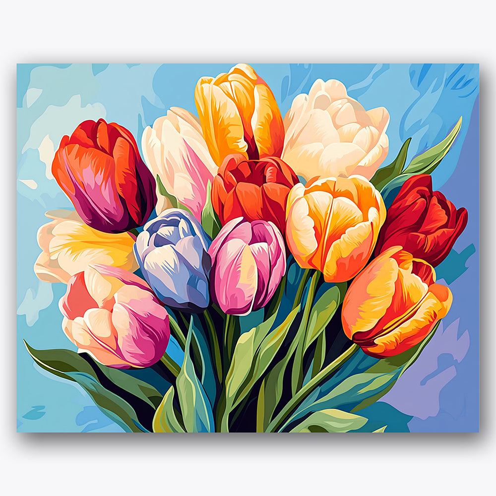 Paint by numbers design of tulips, bouquet, vivid tulip bouquet, layered petals
