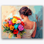 Paint by numbers design of woman, colorful bouquet, colorful flower bouquet, soft hair bun