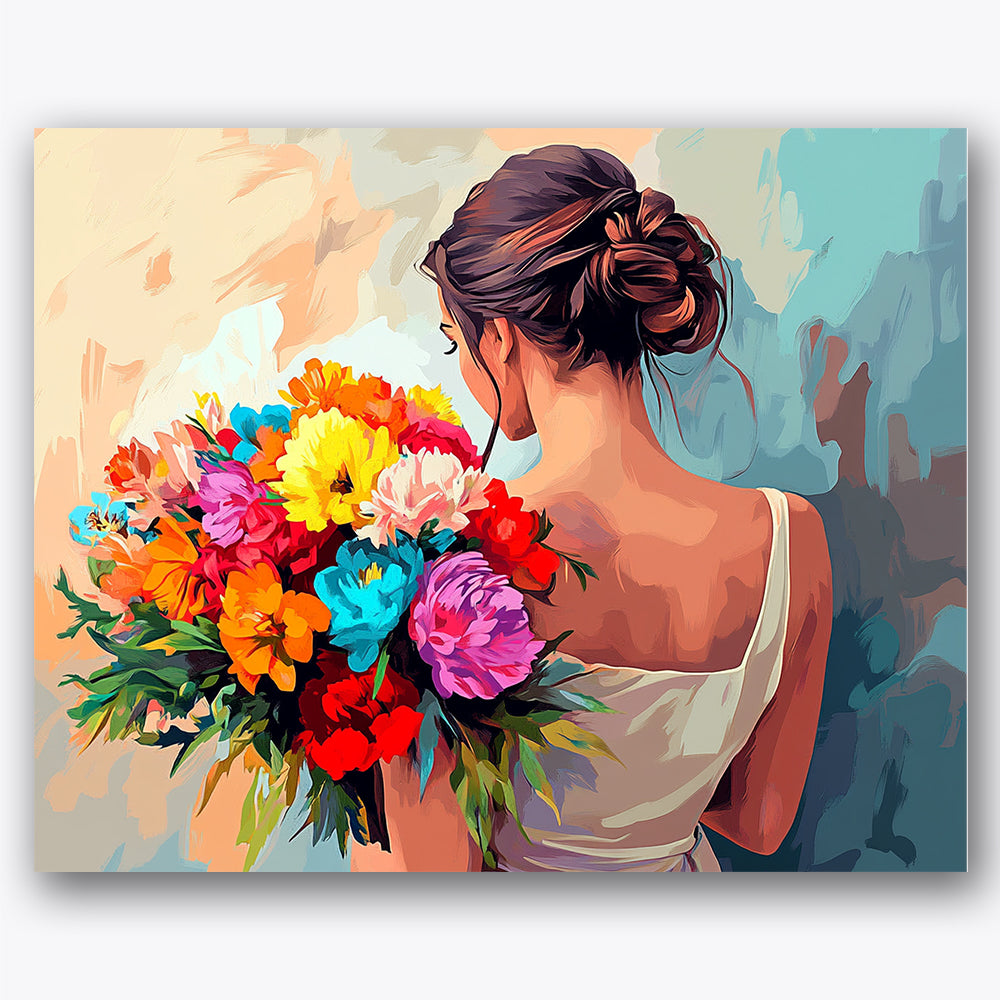 Paint by numbers design of woman, colorful bouquet, colorful flower bouquet, soft hair bun
