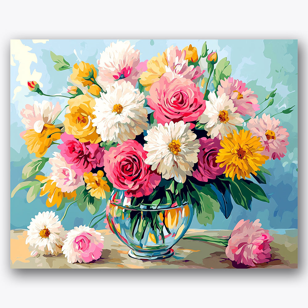 Paint by numbers design of bouquet, glass vase, colorful flower mix, transparent glass vase