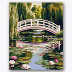 Paint by numbers design of bridge, water lilies, white arched bridge, pink and white lilies