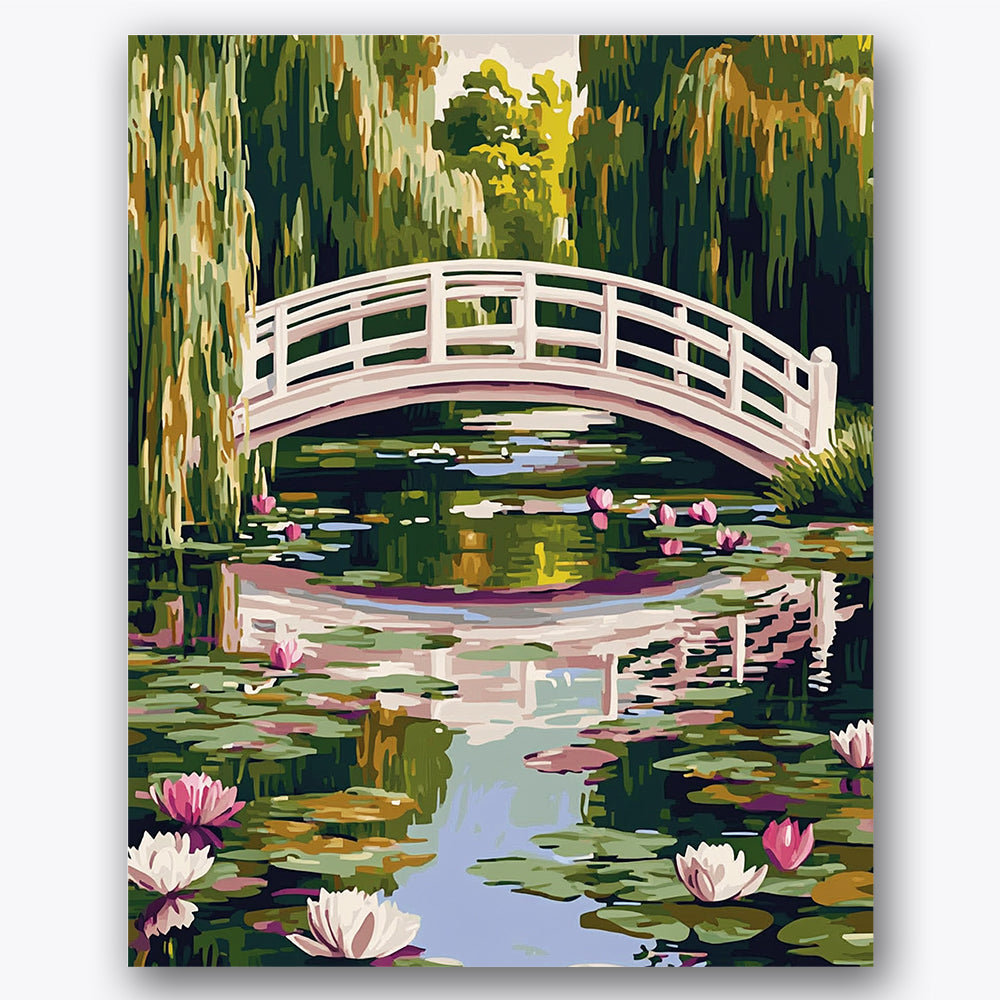 Paint by numbers design of bridge, water lilies, white arched bridge, pink and white lilies