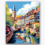 Paint by numbers design of stone bridge, colorful houses, stone arch bridge, vibrant flower boxes