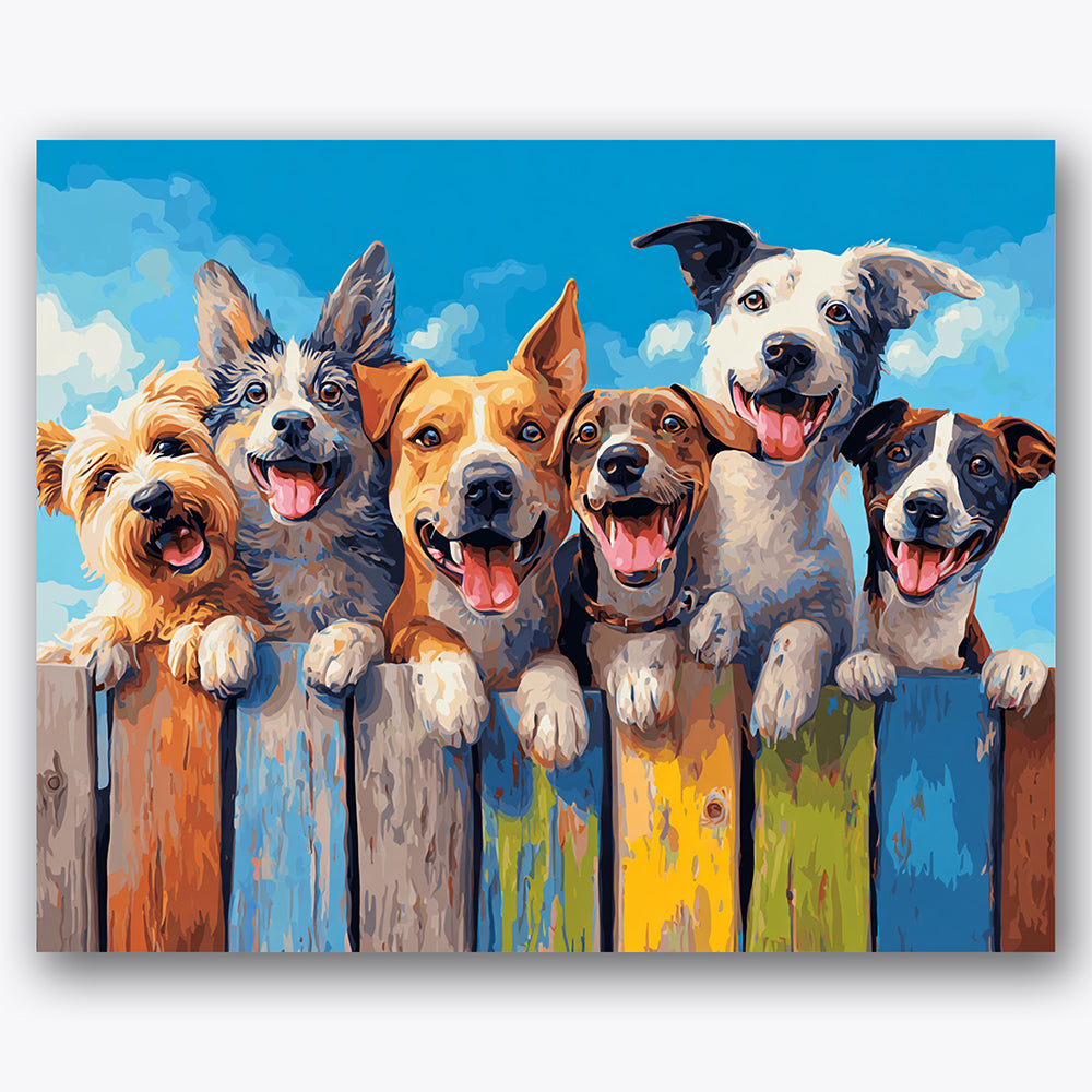 Paint by numbers design of dogs, colorful fence, six smiling dogs, colorful wooden fence